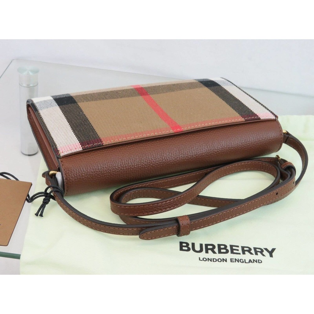 $910 NWT BURBERRY HANNAH TAN LEATHER CANVAS CHECK SHOULDER STRAP CLUTCH BAG - Picture 6 of 16